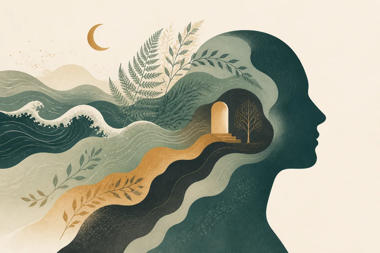 Abstract editorial illustration of a serene human profile dissolving into waves, ferns, a doorway and a crescent moon — the inner life of the mind.